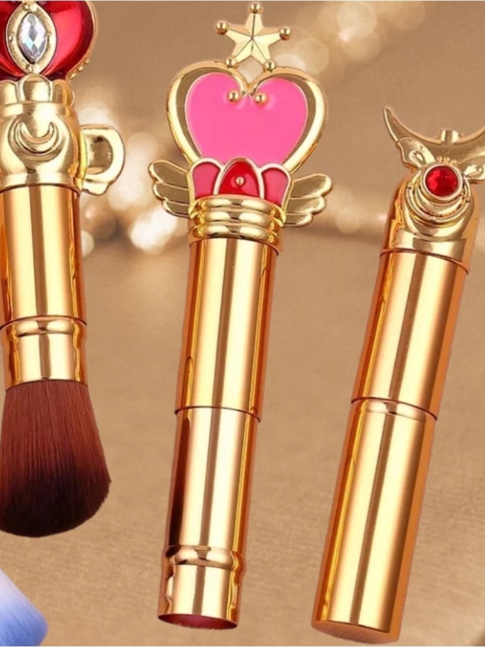 Pink & Gold Heart With Wings  Style Retractable Kabuki Makeup Brush - Picture 2 of 3
